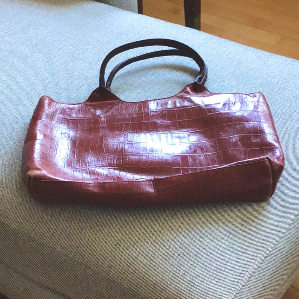 Dark red, tortoise patterned textured leather bag